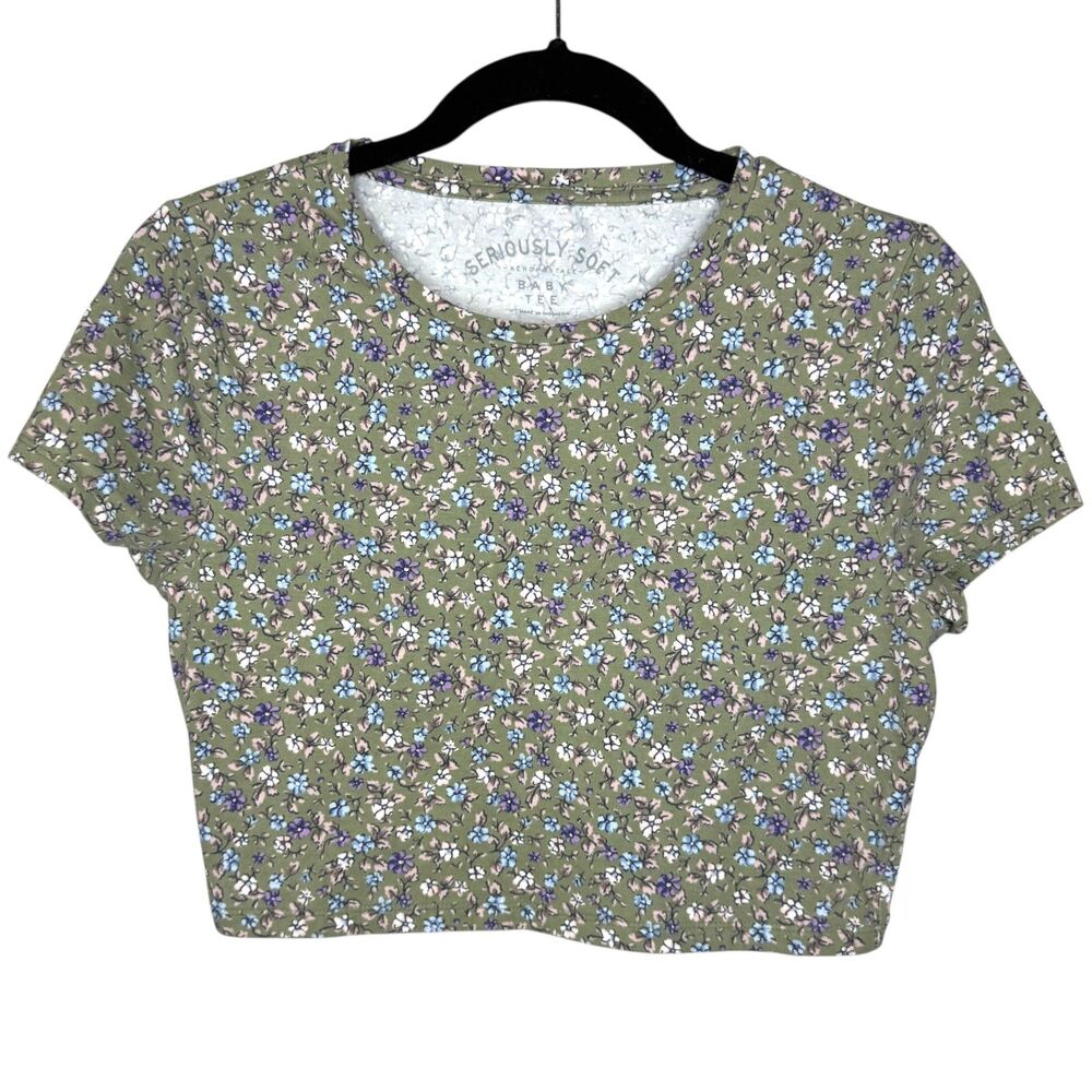 Aeropostale Green pink & purple floral print short sleeve cropped top Size Large